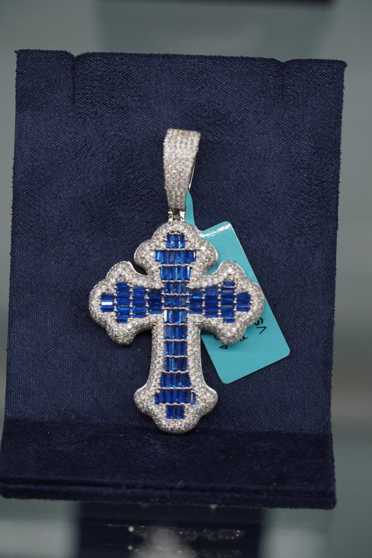 Blue Baguette Cross Moissanite Pendant